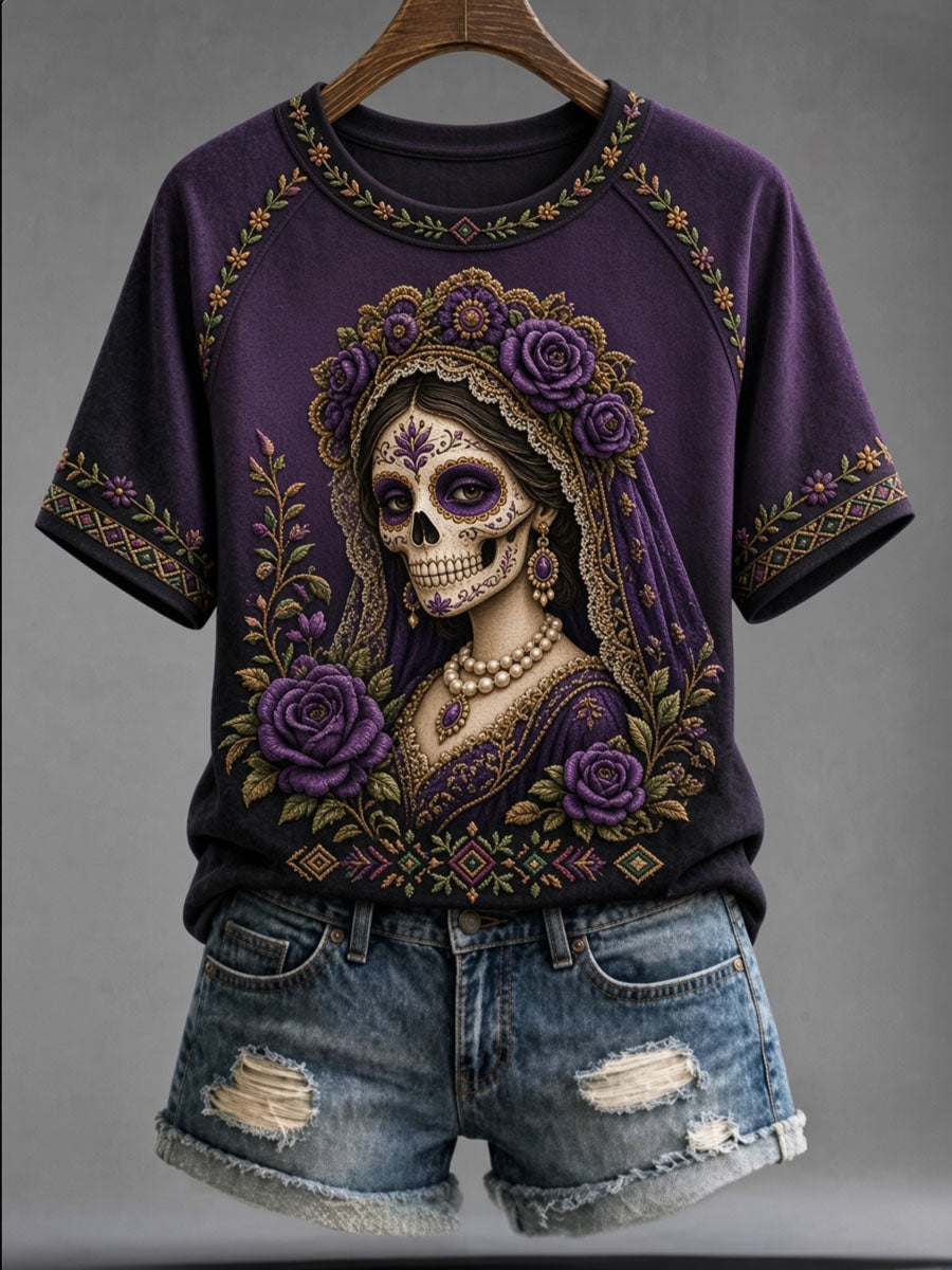 Women's Day of the Dead Skull Print Casual Short Sleeve T-Shirt