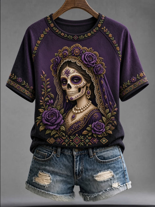 Women's Day of the Dead Skull Print Casual Short Sleeve T-Shirt