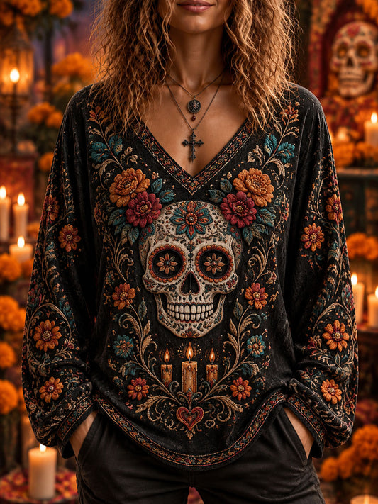 Women's Day of the Dead Skull Print Casual long T-shirt