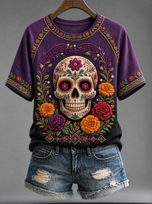 Women's Day of the Dead Skull Print Casual Short Sleeve T-Shirt