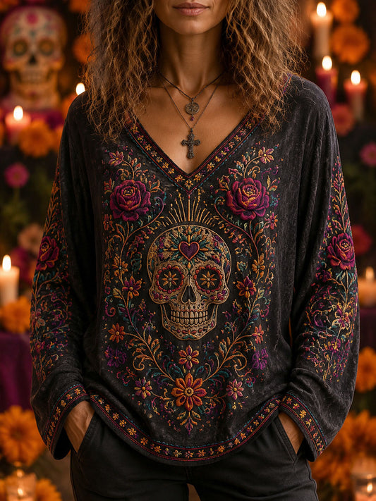 Women's Day of the Dead Skull Print Casual long T-shirt