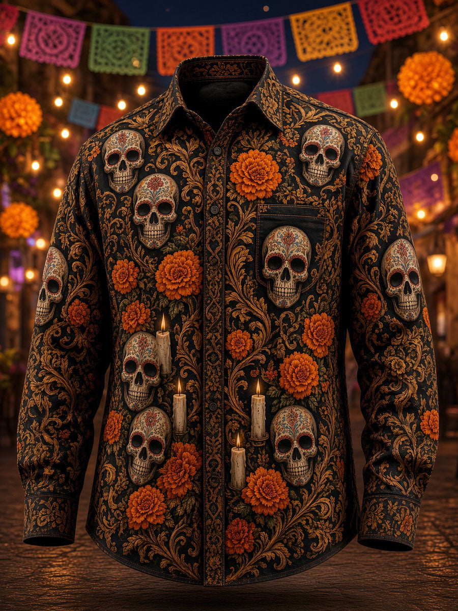 Men's Day of the Dead Skull Print Casual Shirt