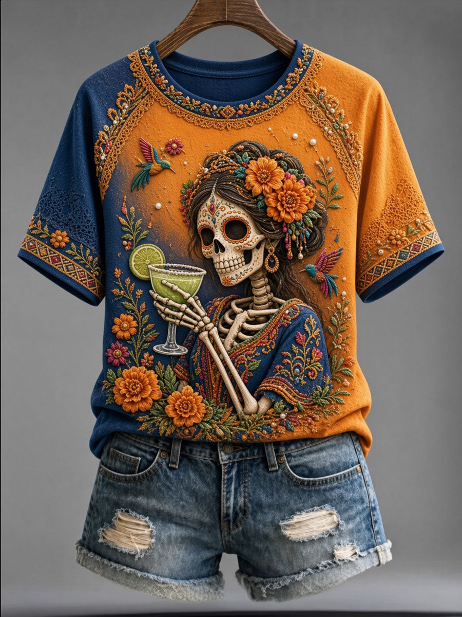 Women's Day of the Dead Skull Print Casual Short Sleeve T-Shirt