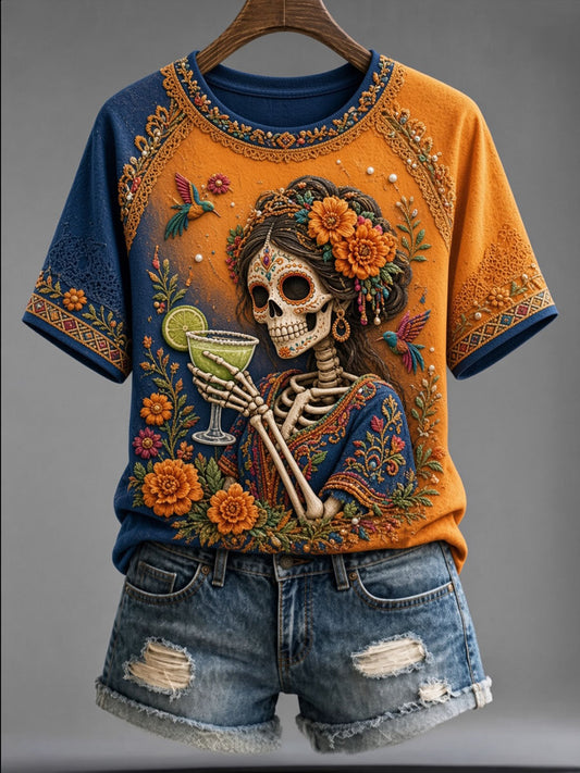 Women's Day of the Dead Skull Print Casual Short Sleeve T-Shirt