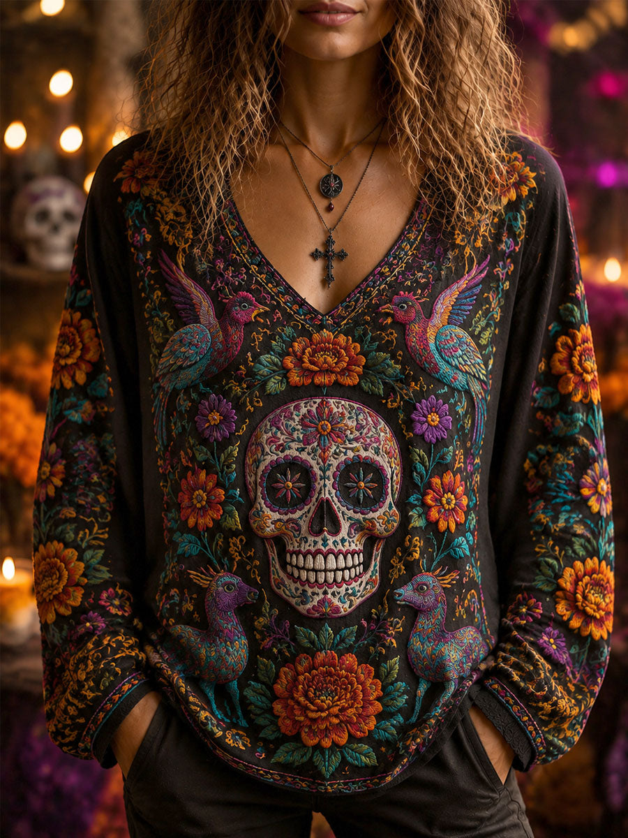 Women's Day of the Dead Skull Print Casual long T-shirt