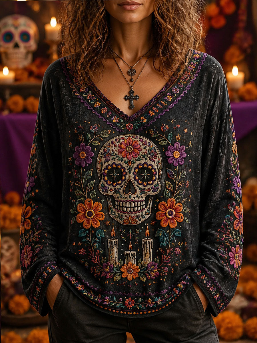 Women's Day of the Dead Skull Print Casual long T-shirt