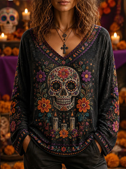 Women's Day of the Dead Skull Print Casual long T-shirt