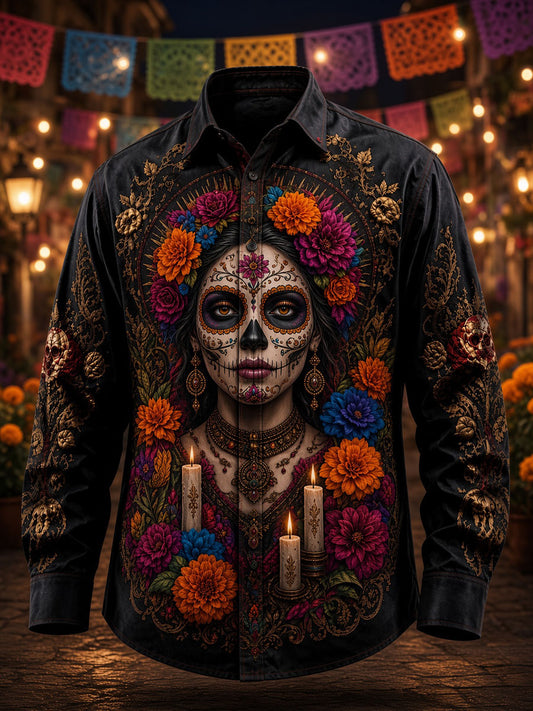 Men's Day of the Dead Skull Print Casual Shirt