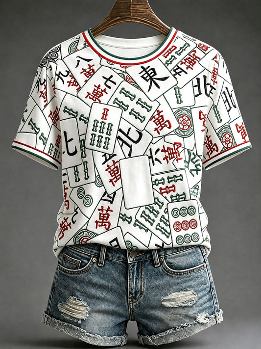 Women's Casual Mahjong-Print T-Shirts