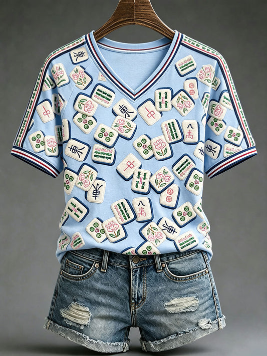 Women's Casual Mahjong V-Neck T-Shirts