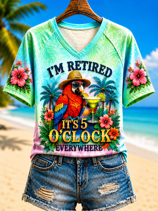 Women's I'm Retired It's 5 O'clock Everywhere Parrot V-neck Short Sleeve T-shirt