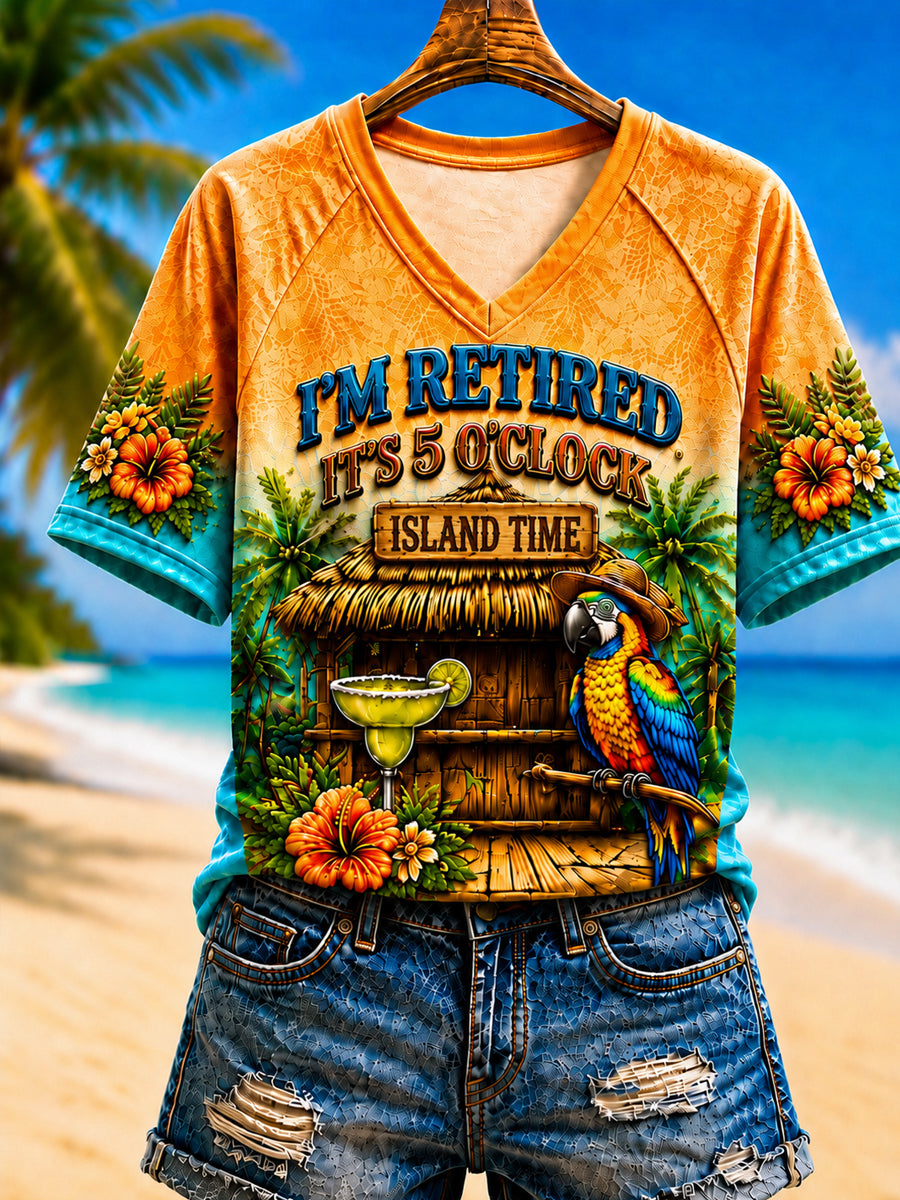 Women's I'm Retired It's 5 O'clock Everywhere Parrot V-neck Short Sleeve T-shirt