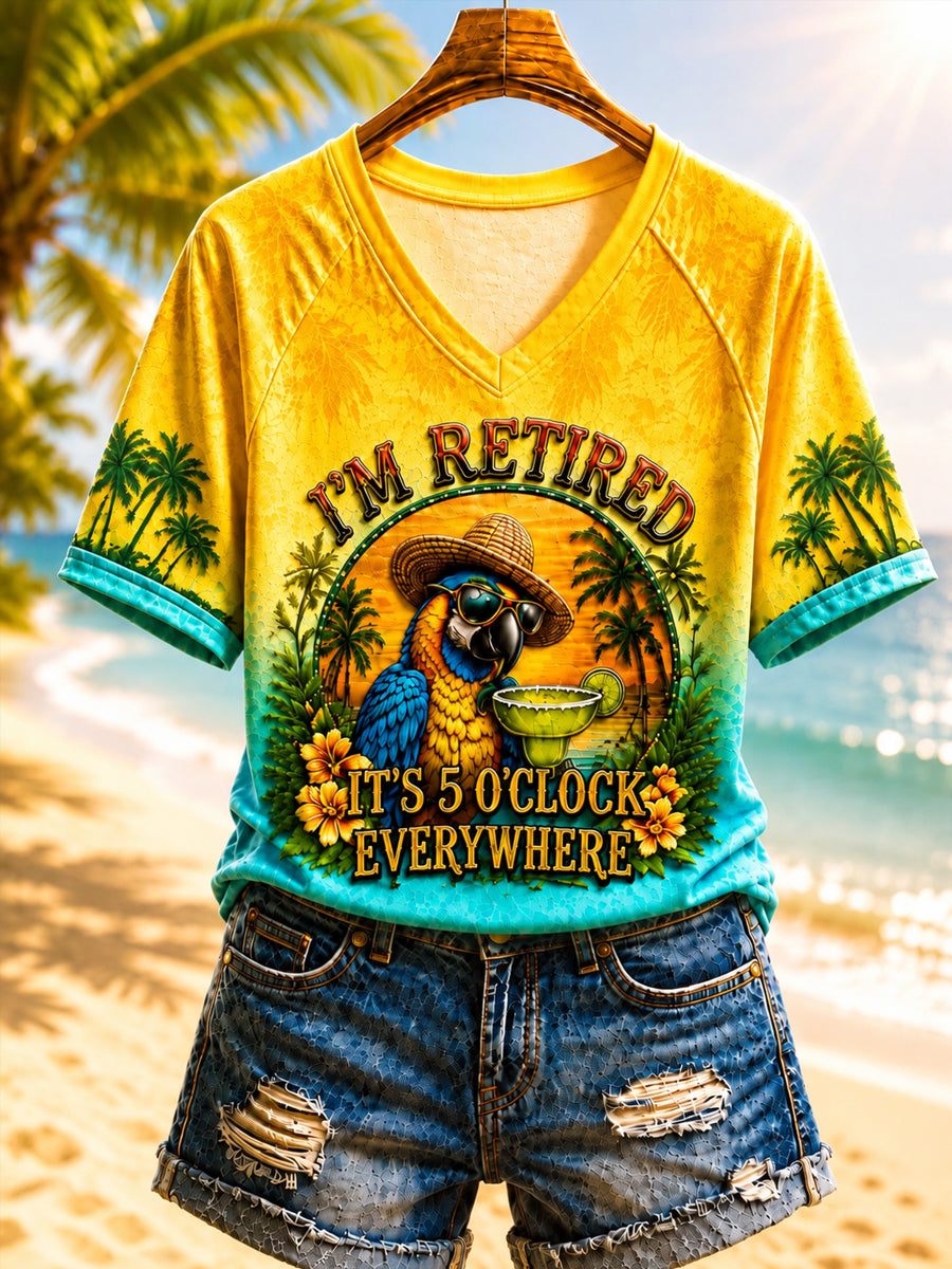 Women's I'm Retired It's 5 O'clock Everywhere Parrot V-neck Short Sleeve T-shirt