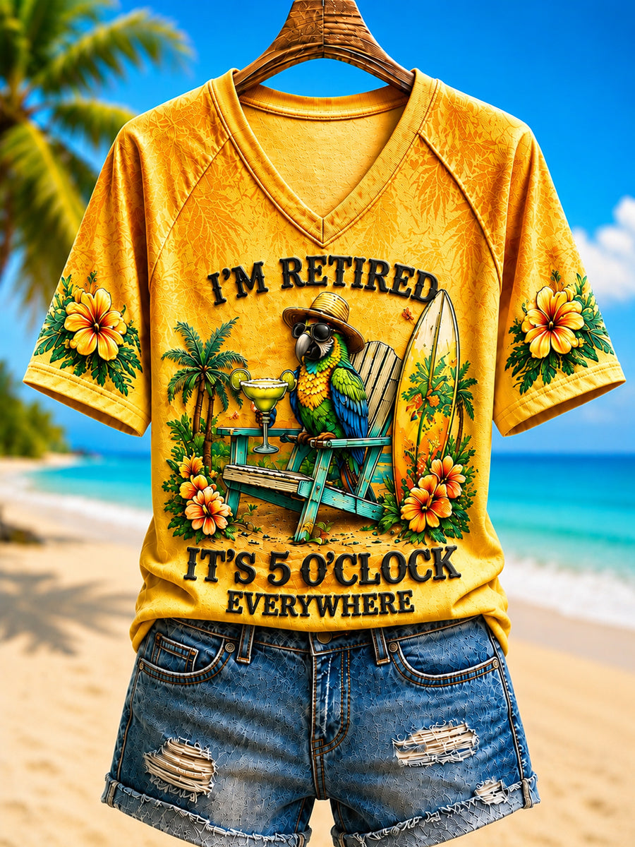 Women's I'm Retired It's 5 O'clock Everywhere Parrot V-neck Short Sleeve T-shirt