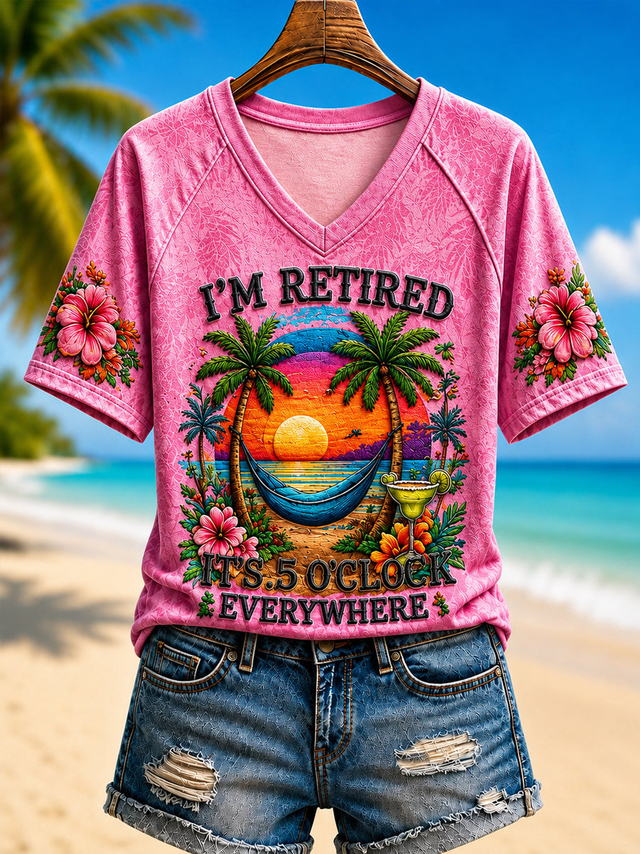 Women's I'm Retired It's 5 O'clock Everywhere Parrot V-neck Short Sleeve T-shirt