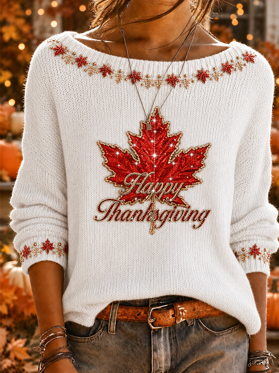 Women's Canada Thanksgiving Day Art Printed Long Sleeve Round Neck Sweater