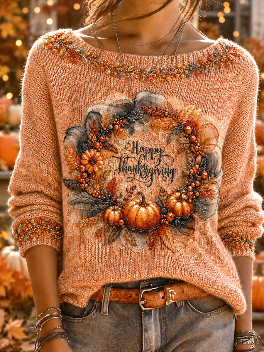 Women's Canada Thanksgiving Day Art Printed Long Sleeve Round Neck Sweater