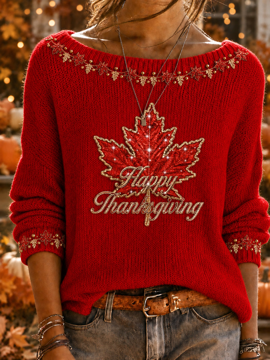 Women's Canada Thanksgiving Day Art Printed Long Sleeve Round Neck Sweater