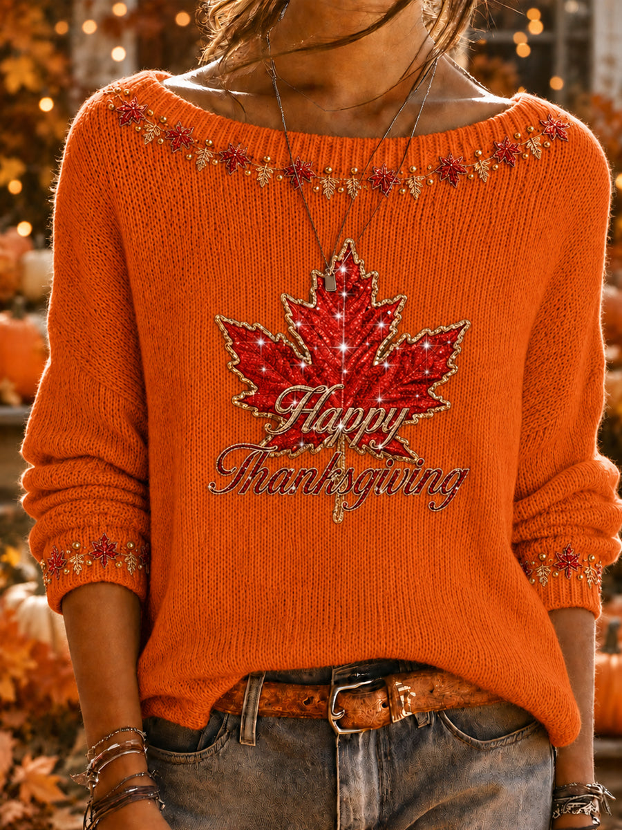 Women's Canada Thanksgiving Day Art Printed Long Sleeve Round Neck Sweater