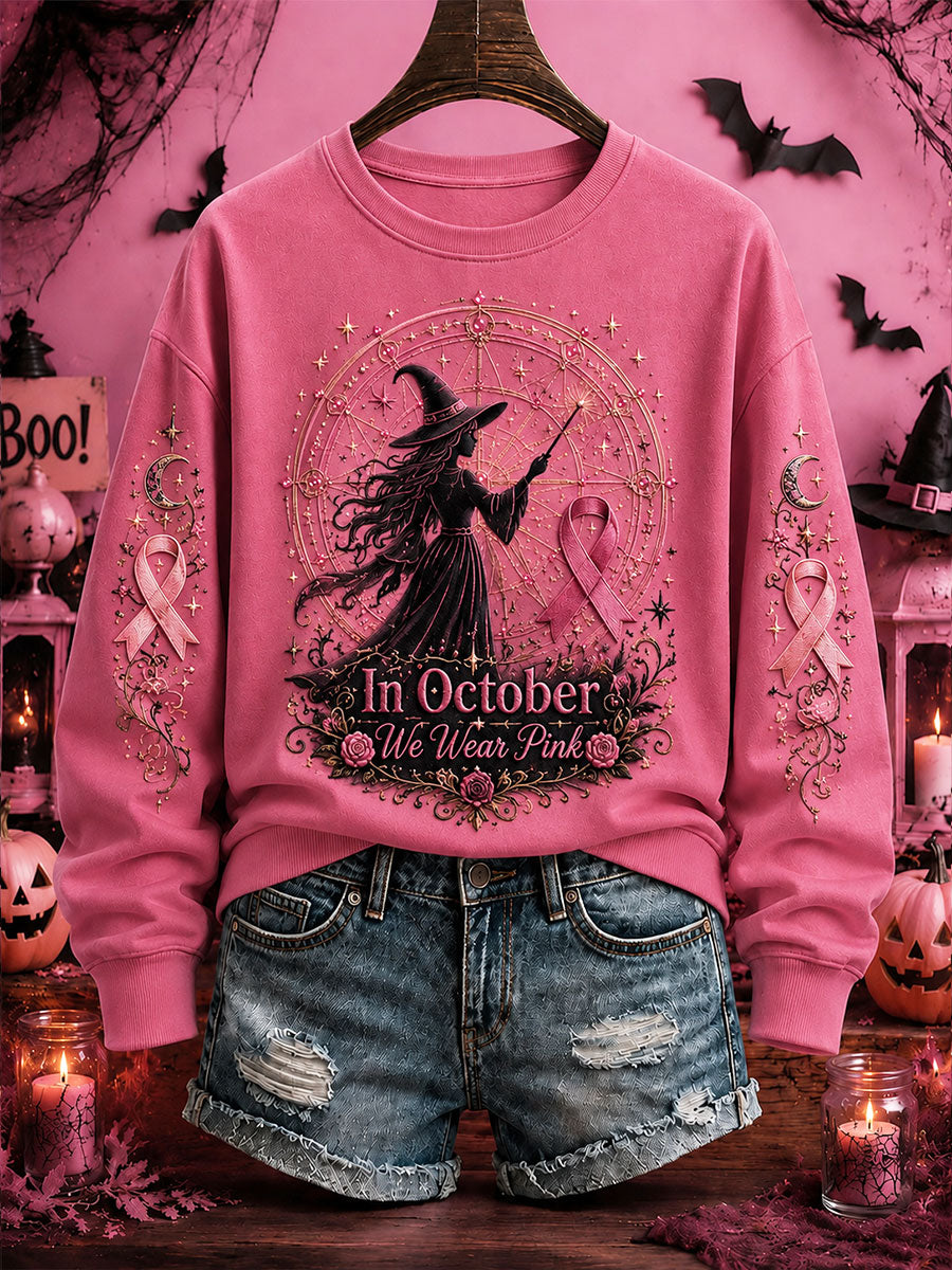 Women's Breast Cancer Awareness Halloween Witch-Themed Casual Regular Sweatshirt