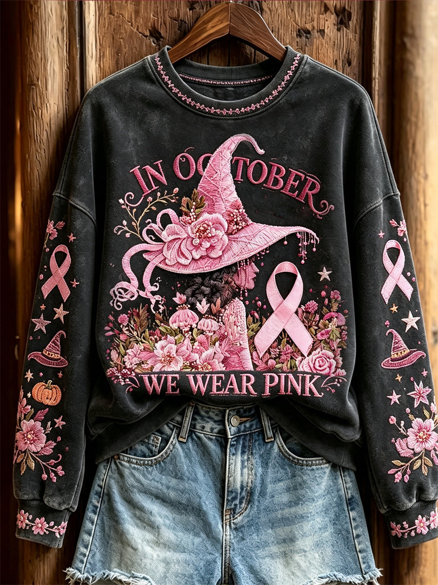 Women's In October We Wear Pink Halloween Witch Floral Print Sweatshirt