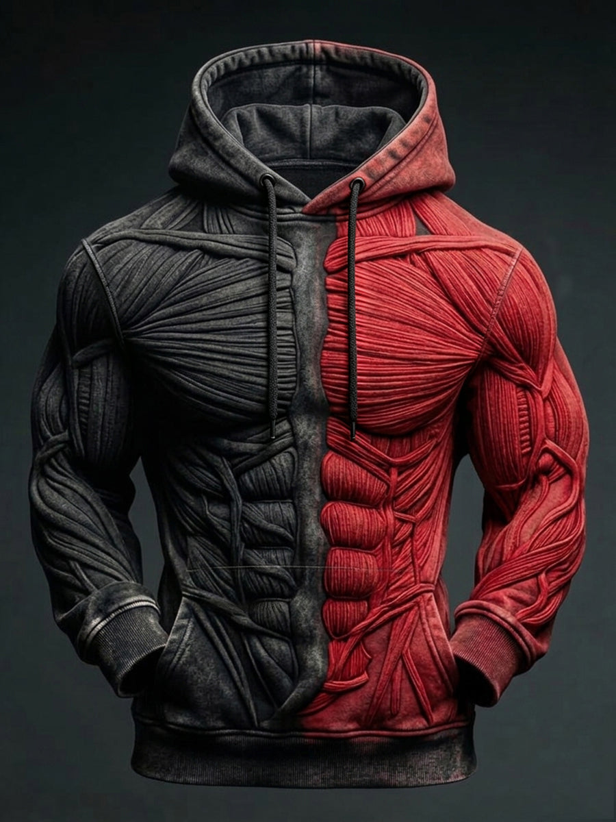 Men's Vintage Muscle Anatomy Texture Print Cozy Hoodie with Pockets