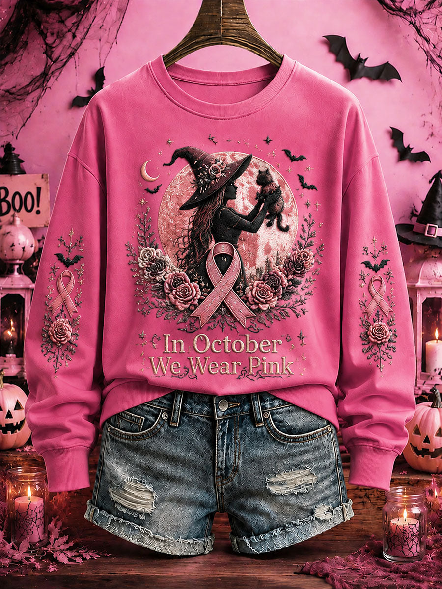 Women's Breast Cancer Awareness Halloween Witch-Themed Casual Regular Sweatshirt