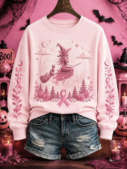 Women's Breast Cancer Awareness Halloween Witch-Themed Casual Regular Sweatshirt