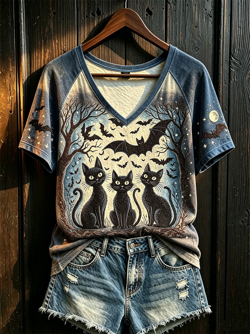Women's Halloween Element Black Cat Pattern Printed Casual Short-Sleeved T-shirt