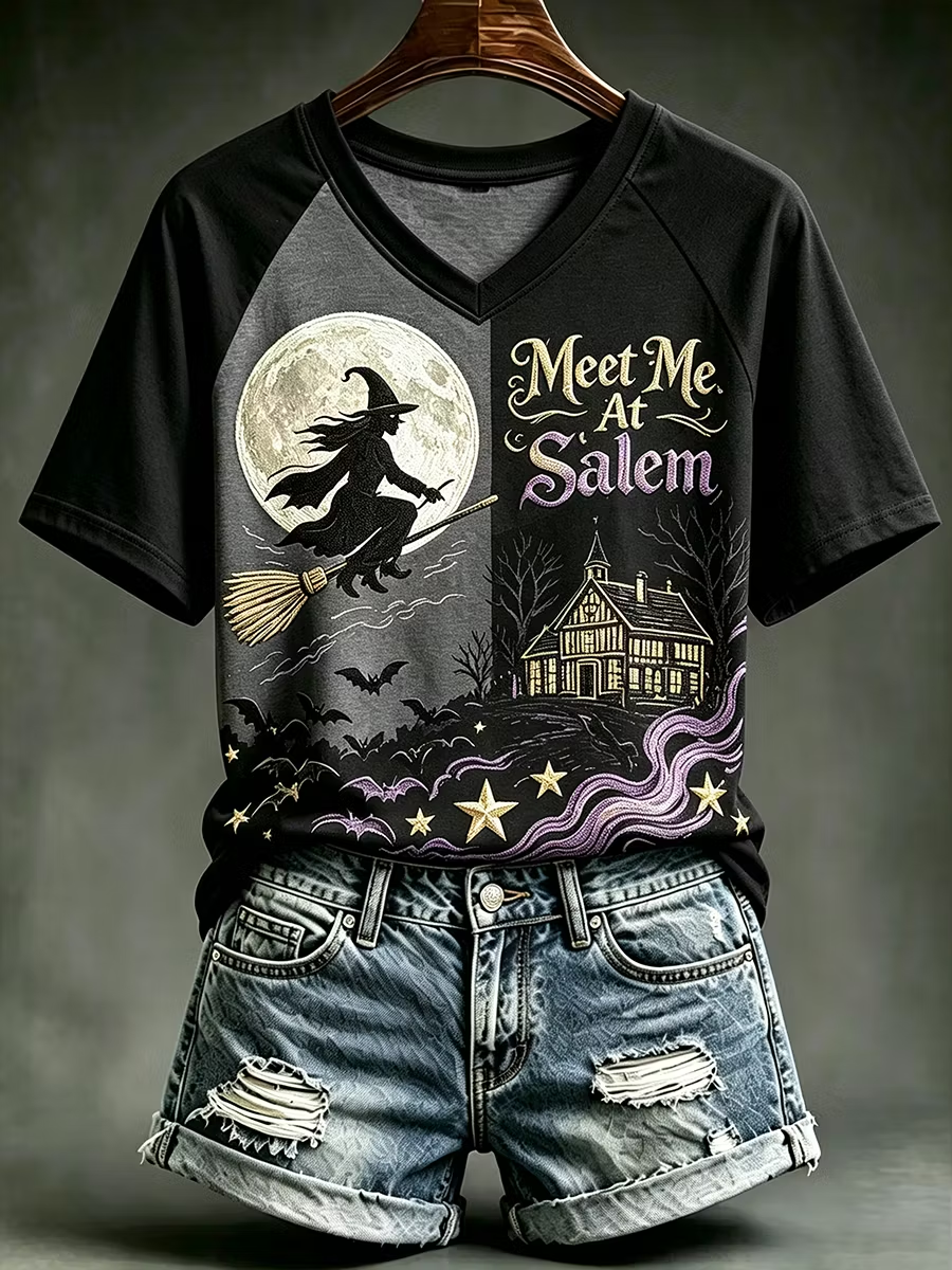 Women's Meet Me At Salem V-neck Off-shoulder Short-sleeved T-shirt