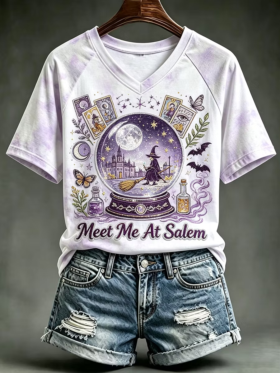 Women's Meet Me At Salem V-neck Off-shoulder Short-sleeved T-shirt