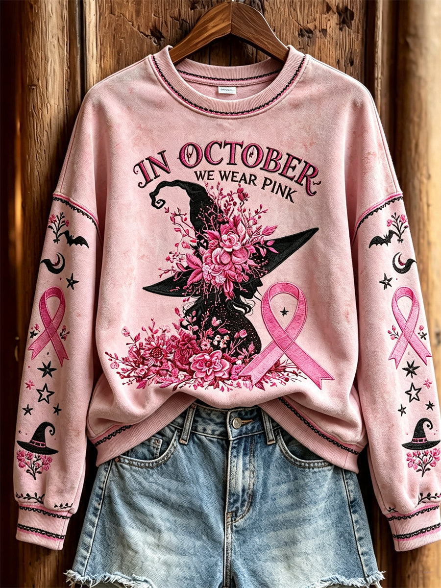 Women's In October We Wear Pink Halloween Witch Floral Print Sweatshirt