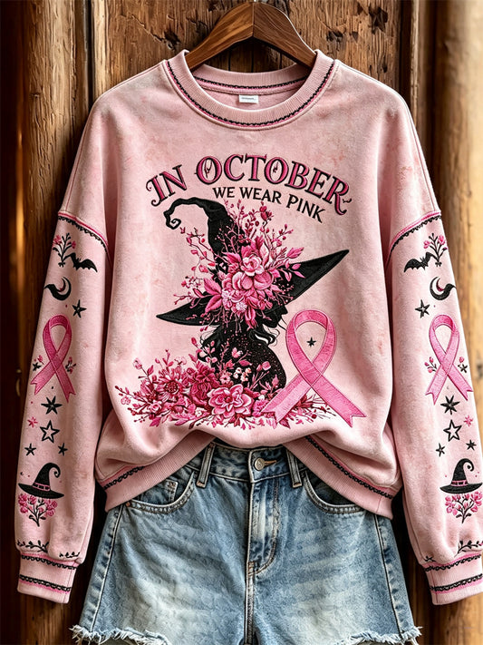 Women's In October We Wear Pink Halloween Witch Floral Print Sweatshirt