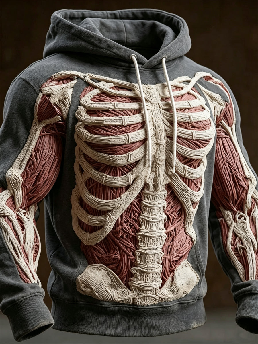 Men's Vintage Muscle Anatomy Texture Skeleton Print Cozy Hoodie