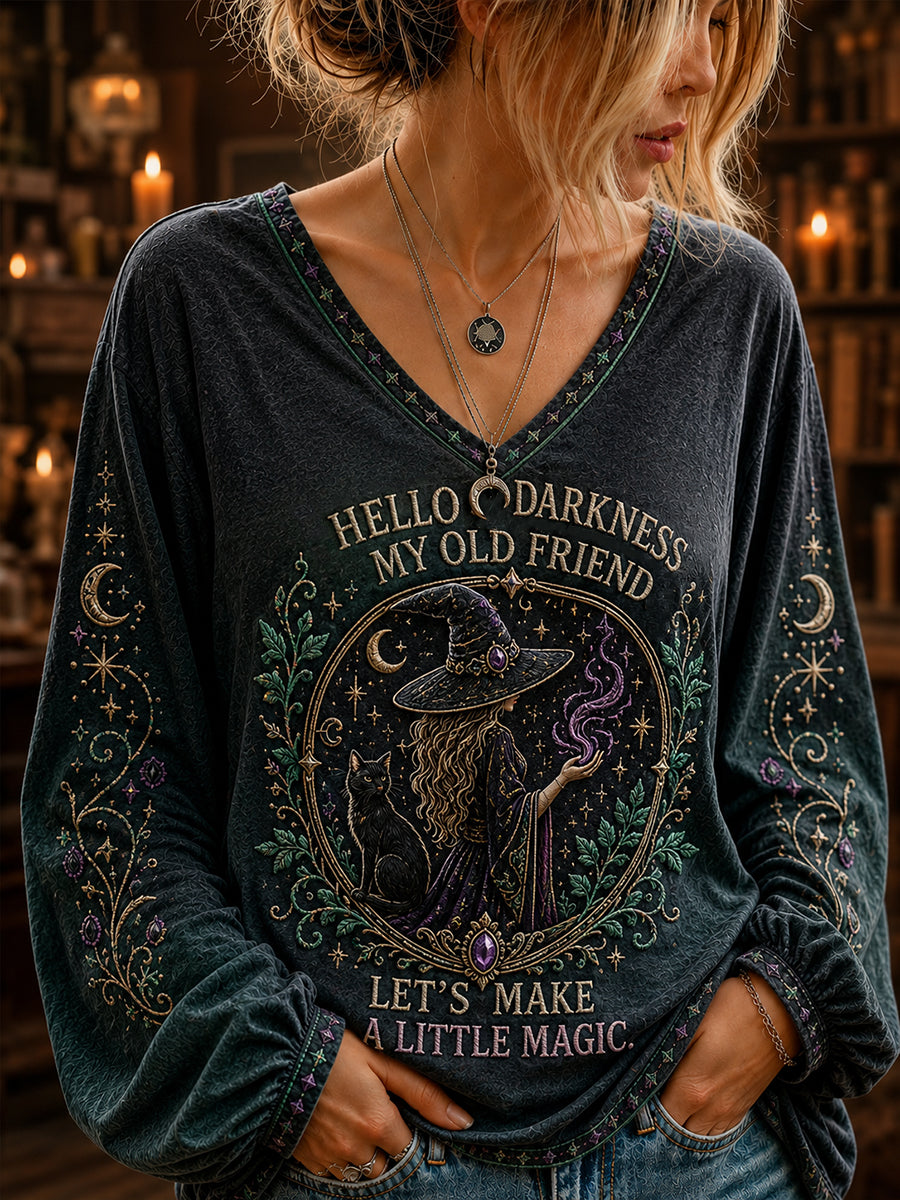 Women's Hello Darkness My Old Friend Halloween Witch Print V-neck T-shirt