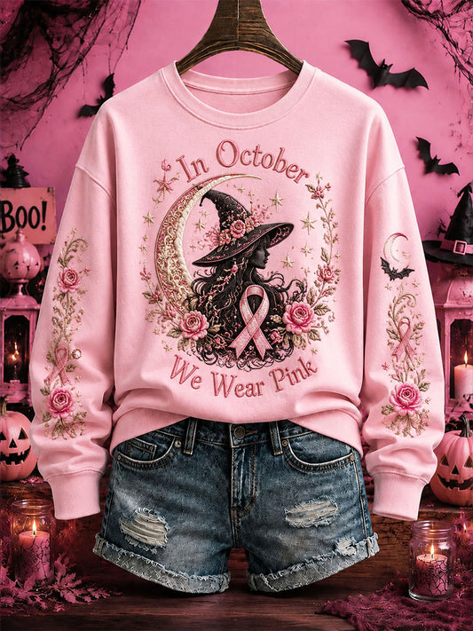 Women's Breast Cancer Awareness Halloween Witch-Themed Casual Regular Sweatshirt
