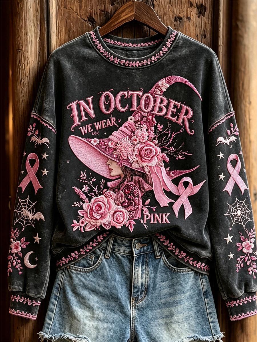 Women's In October We Wear Pink Halloween Witch Floral Print Sweatshirt