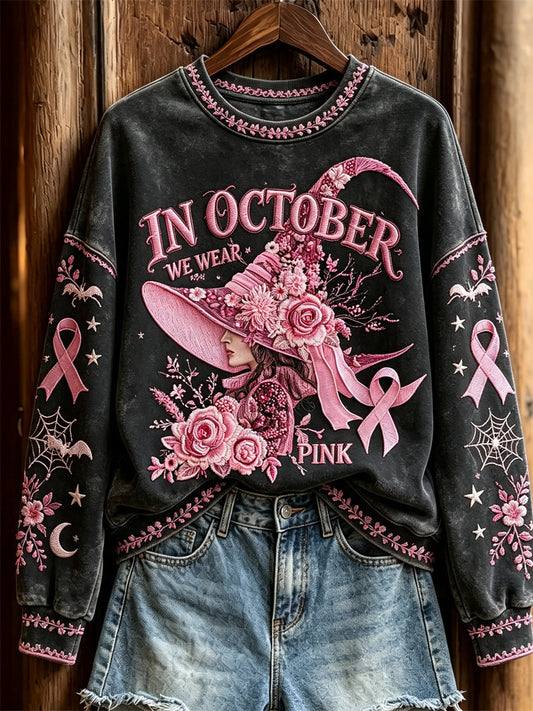 Women's In October We Wear Pink Halloween Witch Floral Print Sweatshirt