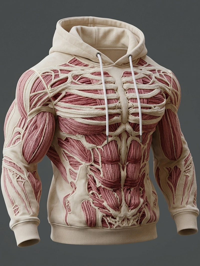 Men's Vintage Muscle Anatomy Texture Print Cozy Hoodie