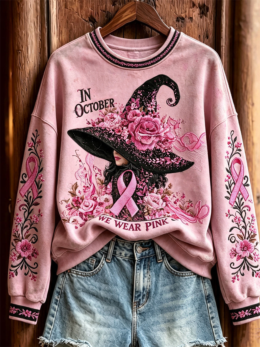 Women's In October We Wear Pink Halloween Witch Floral Print Sweatshirt