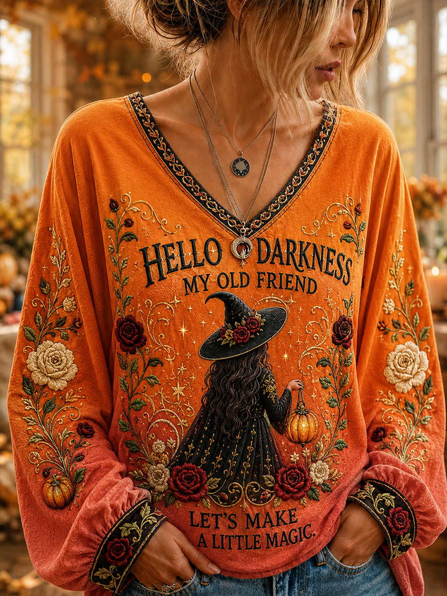Women's Hello Darkness My Old Friend Halloween Witch Print V-neck T-shirt