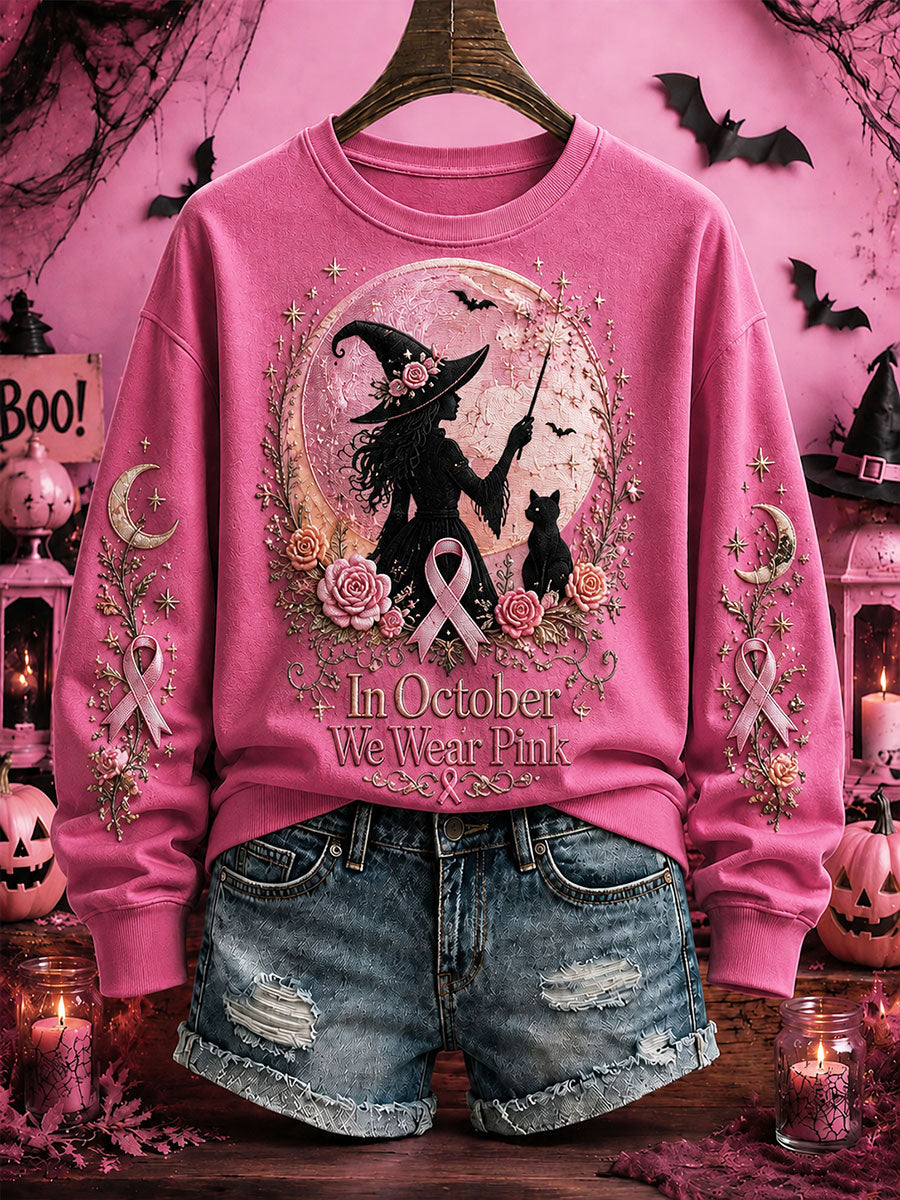 Women's Breast Cancer Awareness Halloween Witch-Themed Casual Regular Sweatshirt