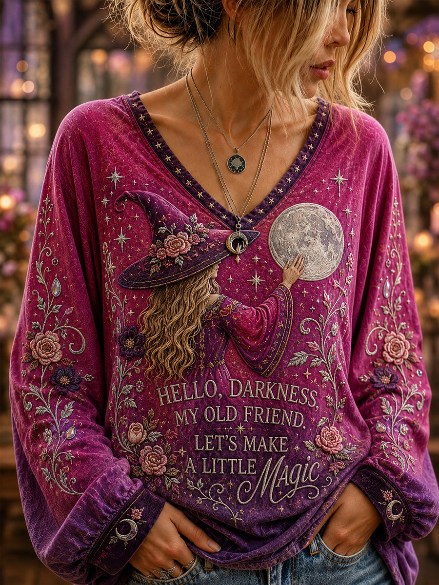 Women's Hello Darkness My Old Friend Halloween Witch Print V-neck T-shirt