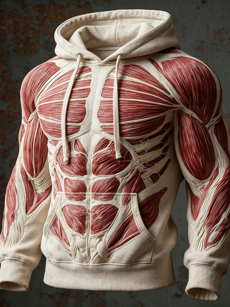 Men's Vintage Muscle Anatomy Texture Print Cozy Raglan Hoodie