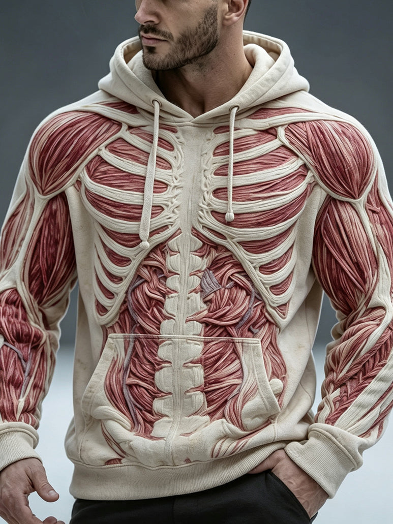 Men's Muscle Anatomy Texture Skeleton Print Cozy Raglan Hoodie