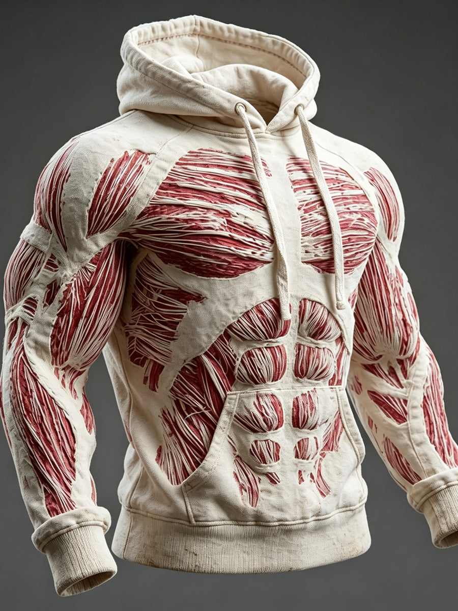 Men's Muscle Anatomy Texture Print Comfy Raglan Hoodie