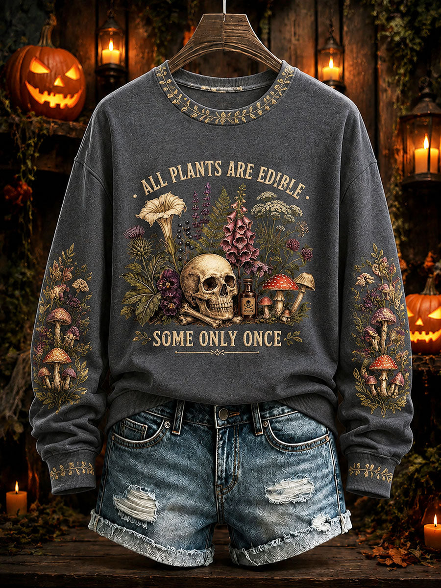 Women's "All Plants Are Edible Some Only Once" Halloween Floral Print Casual Regular Sweatshirt