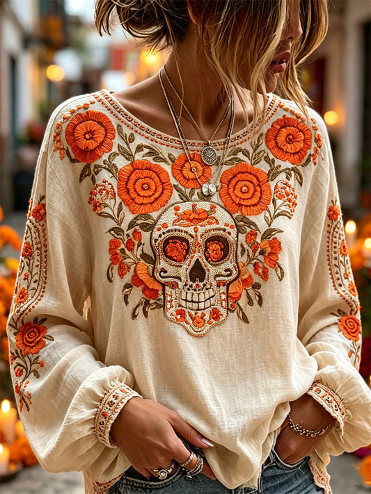 Women's Day of the Dead Sugar Skull Marigolds Floral Print Cotton-Linen Shirt