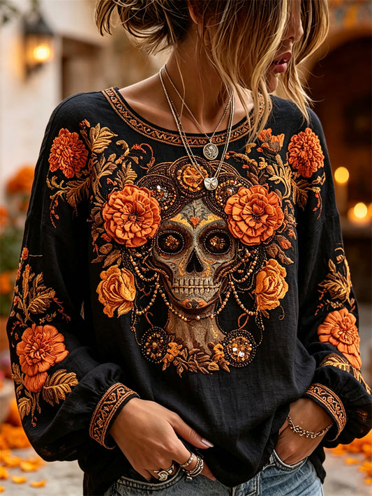 Women's Day of the Dead Sugar Skull Marigolds Floral Print Cotton-Linen Shirt