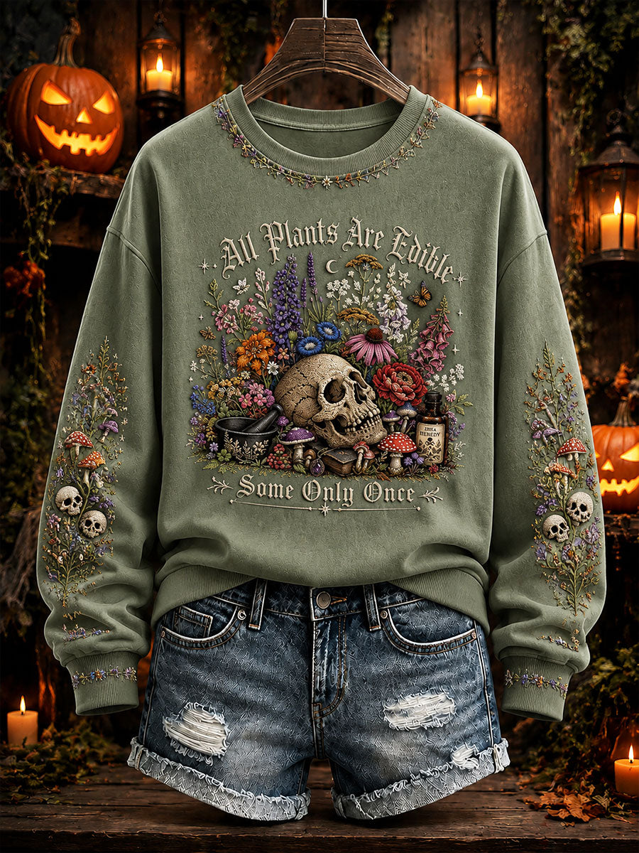 Women's "All Plants Are Edible Some Only Once" Halloween Floral Print Casual Regular Sweatshirt
